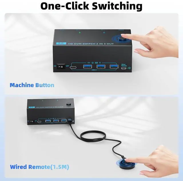 Alt view image 7 of 7 - AUTYUE 8K HDMI KVM Switch 3 Monitors 2 Computers 3 Port HDMI Dual PC Triple Monitor 2 PC 8K@60Hz/4K@120Hz 2 in 3 Out USB 3.0 KVM Switches, Wired Remote & USB 3.0 Cables & Power Cable Included
