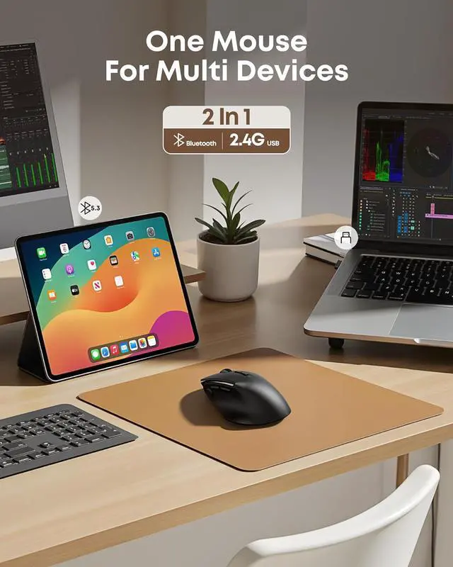 Alt view image 2 of 7 - AUTYUE Ergonomic Rechargeable Mouse with Jiggler, Bluetooth + 2.4G Wireless + Wired (3 in 1) Connection, Max 4800DPI, Rapid Fire Key, 5ft Charging Cable, Carpal Tunnel Silent Mice with LED for Office