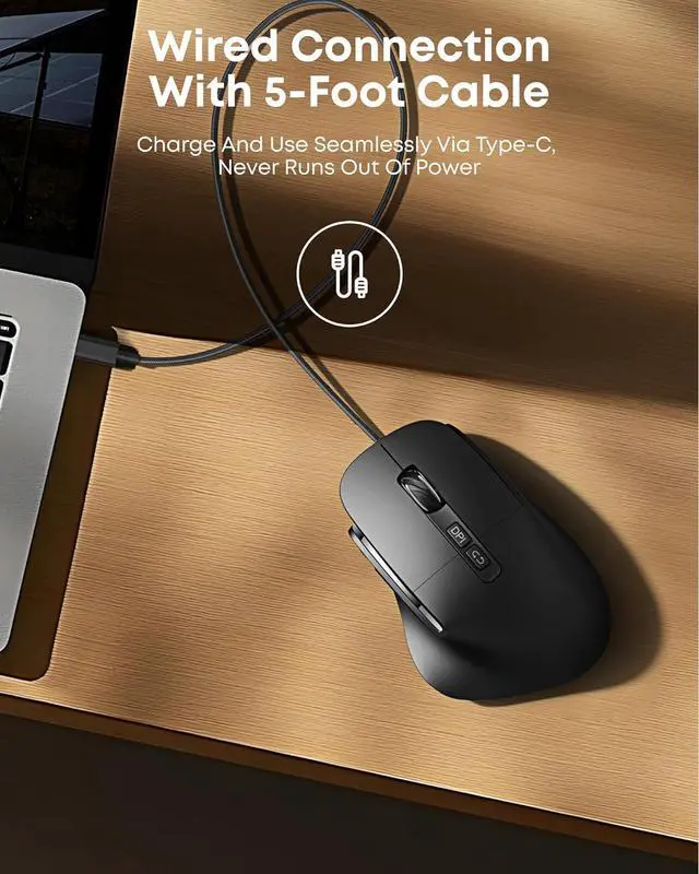 Alt view image 3 of 7 - AUTYUE Ergonomic Rechargeable Mouse with Jiggler, Bluetooth + 2.4G Wireless + Wired (3 in 1) Connection, Max 4800DPI, Rapid Fire Key, 5ft Charging Cable, Carpal Tunnel Silent Mice with LED for Office