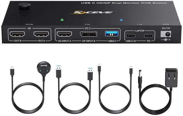 Main image of AUTYUE USB C HDMI Displayport KVM Switch for 1 Desktop + 1 Laptop 2 Monitors, Dual Monitor KVM Switch, USB 3.0 MST Dual HDMI 4K@60Hz, Support PD with USB C Cable, Wired Controller and Power Adapter