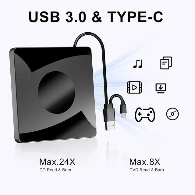 Alt view image 5 of 7 - AUTYUE External CD DVD Drive for Laptop, USB 3.0 Type-C External CD/DVD Drive Portable CD Burner Reader Writer, External Optical Drive for Desktop Laptop PC Windows 11/10/8/7 Linux Mac OS