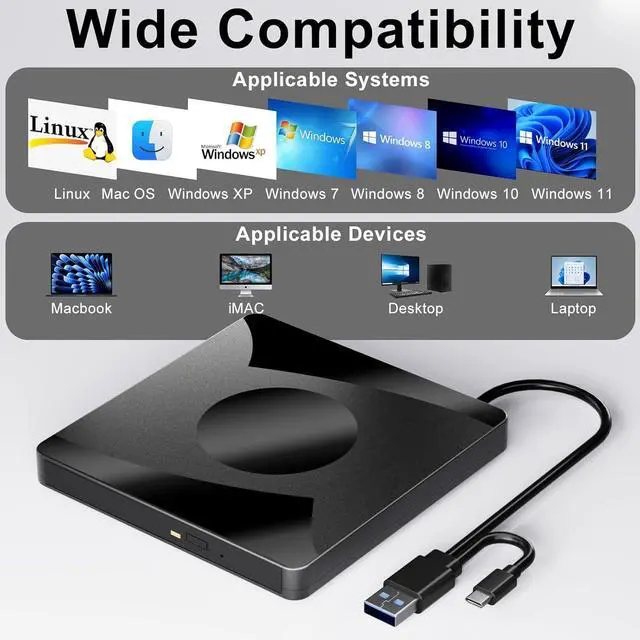 Alt view image 6 of 7 - AUTYUE External CD DVD Drive for Laptop, USB 3.0 Type-C External CD/DVD Drive Portable CD Burner Reader Writer, External Optical Drive for Desktop Laptop PC Windows 11/10/8/7 Linux Mac OS