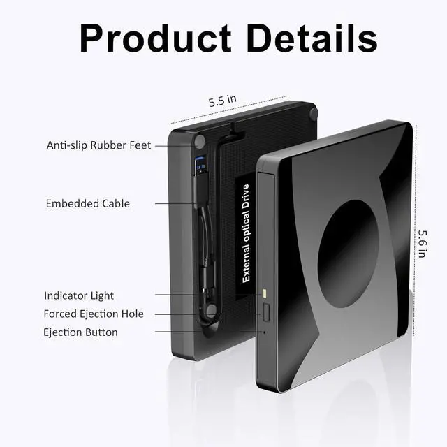 Alt view image 7 of 7 - AUTYUE External CD DVD Drive for Laptop, USB 3.0 Type-C External CD/DVD Drive Portable CD Burner Reader Writer, External Optical Drive for Desktop Laptop PC Windows 11/10/8/7 Linux Mac OS