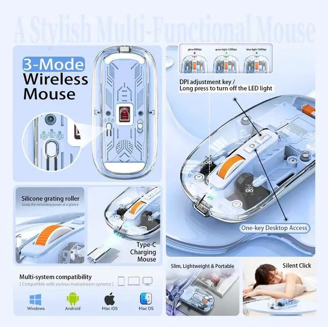 Alt view image 6 of 7 - AUTYUE Modern Transparent Mouse, Slim Wireless Mouse - Magnetic Shell Design, Triple-Mode (Dual Bluetooth + USB) Wireless Mouse, Rechargeable, One-Touch Desktop, for MacBook/pc/iPad/Laptop (Blue)