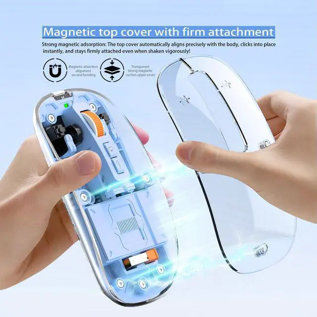 Alt view image 3 of 7 - AUTYUE Modern Transparent Mouse, Slim Wireless Mouse - Magnetic Shell Design, Triple-Mode (Dual Bluetooth + USB) Wireless Mouse, Rechargeable, One-Touch Desktop, for MacBook/pc/iPad/Laptop (Blue)