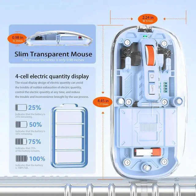 Alt view image 5 of 7 - AUTYUE Modern Transparent Mouse, Slim Wireless Mouse - Magnetic Shell Design, Triple-Mode (Dual Bluetooth + USB) Wireless Mouse, Rechargeable, One-Touch Desktop, for MacBook/pc/iPad/Laptop (Blue)