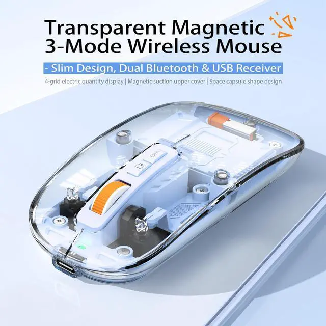 Alt view image 2 of 7 - AUTYUE Modern Transparent Mouse, Slim Wireless Mouse - Magnetic Shell Design, Triple-Mode (Dual Bluetooth + USB) Wireless Mouse, Rechargeable, One-Touch Desktop, for MacBook/pc/iPad/Laptop (Blue)