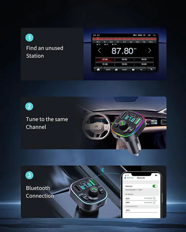 Alt view image 6 of 7 - AUTYUE Bluetooth 5.4 FM Transmitter Car Adapter - Car Bluetooth Adapter with Fast Charger[PD 30W & QC3.0 18W], Hi-Fi Audio & Clear Calls,7 Colors LED Backlit