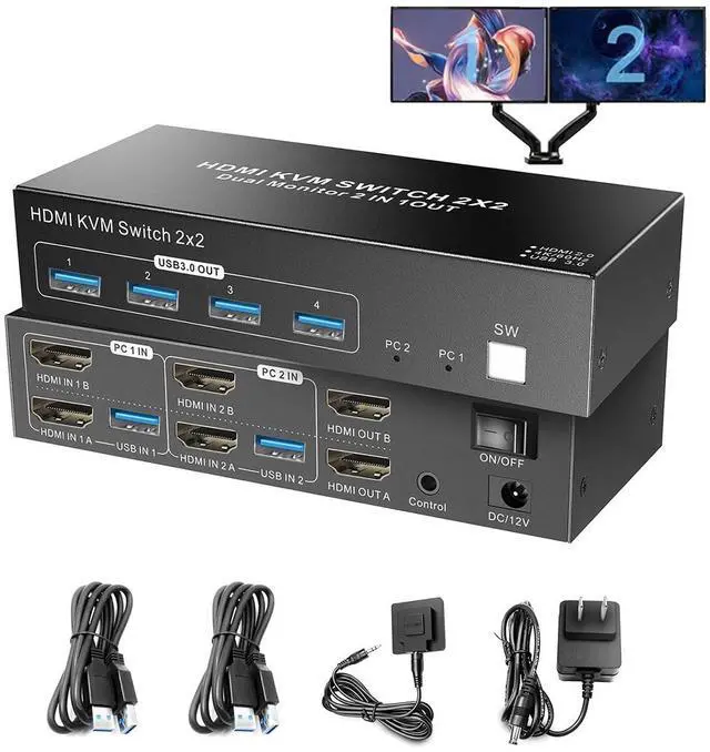 Main image of AUTYUE Dual Monitor HDMI KVM Switch, 2 Computers 4K@60Hz Dual Monitor KVM Switches for Dual PC or Laptops, 4 USB 3.0 Ports Support Extended/Copy Mode with DC 12V Adapter & Wired Controller