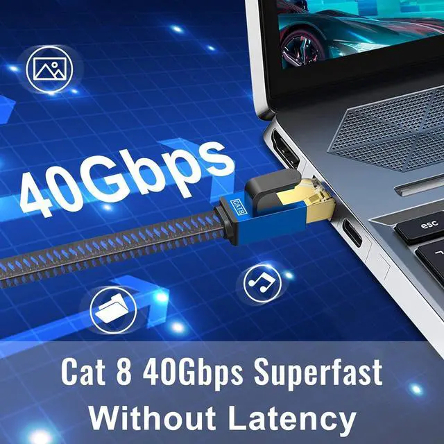 Alt view image 5 of 7 - AUTYUE Cat 8 Ethernet Cable 16.4FT / 5M, High Speed Internet Nylon Braided Network Cable RJ45 Connectors SSTP Shielded Flat LAN Cable Cat8 Ethernet Cables 16.4feet for Modem, Router, LAN, Computer