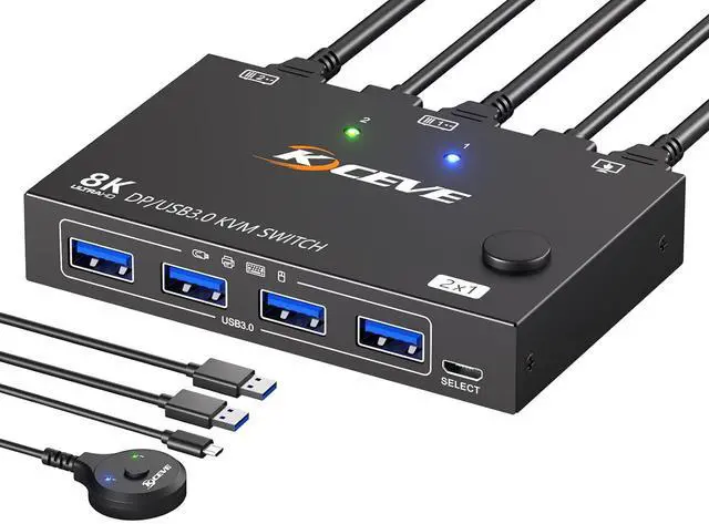Main image of AUTYUE Displayport KVM Switch 1 Monitors 2 Computers 8K@30Hz 4K@144Hz, USB 3.0 DP KVM Switches for 2 Computers Sharing Single Monitor and Keyboard Mouse Printer, Wired Remote and 2 USB Cables Included