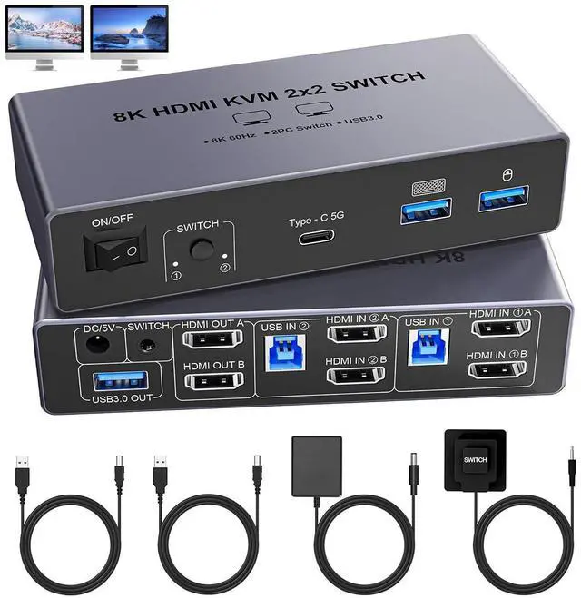 Main image of AUTYUE 8K@60Hz HDMI KVM Switch 2 Monitors 2 Computers, with 4 USB 3.0 Ports (3 USB-A+1 USB-C) for 2 Computers Sharing 2 Monitors Keyboard Mouse Printer with 2 USB Cables, Power Adapter & Controller