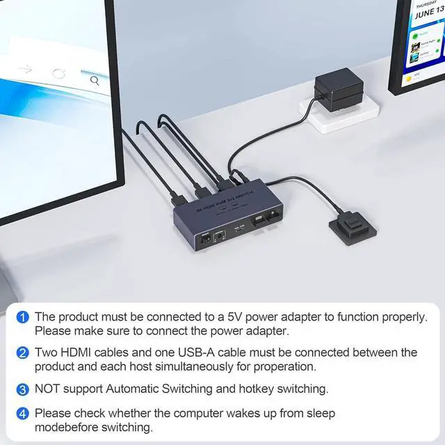 Alt view image 7 of 7 - AUTYUE 8K@60Hz HDMI KVM Switch 2 Monitors 2 Computers, with 4 USB 3.0 Ports (3 USB-A+1 USB-C) for 2 Computers Sharing 2 Monitors Keyboard Mouse Printer with 2 USB Cables, Power Adapter & Controller