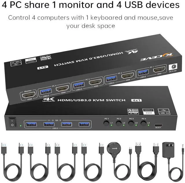 Main image of HDMI KVM Switch 4 Computers 1 Monitors 4K@60Hz 2K@120Hz, 4 Port HDMI KVM Switches with Simulation EDID for 4 PCs Sharing Monitor Keyboard Mouse Hard Drives Printer Wired Remote, Power Adapter Included