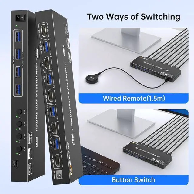 Alt view image 6 of 7 - HDMI KVM Switch 4 Computers 1 Monitors 4K@60Hz 2K@120Hz, 4 Port HDMI KVM Switches with Simulation EDID for 4 PCs Sharing Monitor Keyboard Mouse Hard Drives Printer Wired Remote, Power Adapter Included