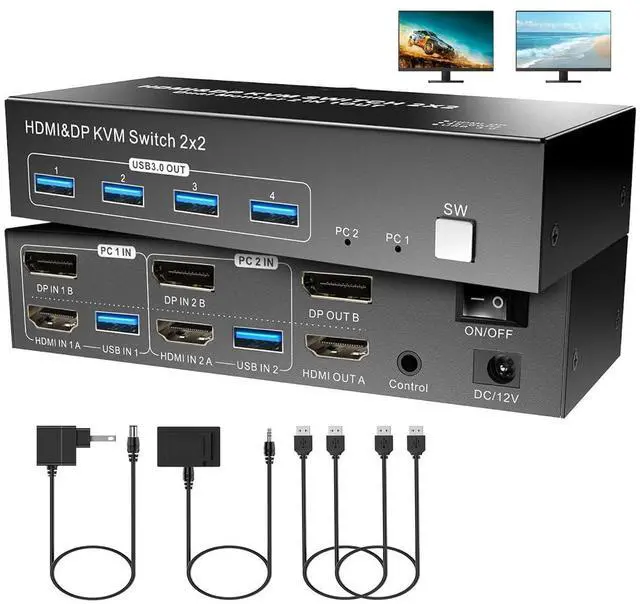 Main image of AUTYUE Dual Monitor HDMI + Displayport KVM Switch, 2 Computers 4K@60Hz Dual Monitor KVM Switches for Dual PC or Laptops,4 USB 3.0 Ports Support Extended/Copy Mode with DC 12V Adapter&Wired Controller