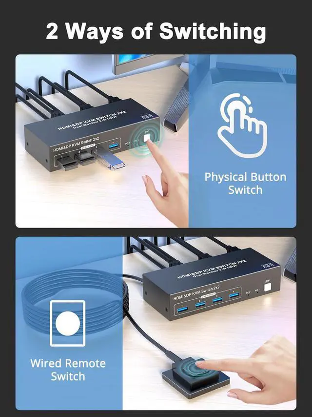 Alt view image 5 of 7 - AUTYUE Dual Monitor HDMI + Displayport KVM Switch, 2 Computers 4K@60Hz Dual Monitor KVM Switches for Dual PC or Laptops,4 USB 3.0 Ports Support Extended/Copy Mode with DC 12V Adapter&Wired Controller