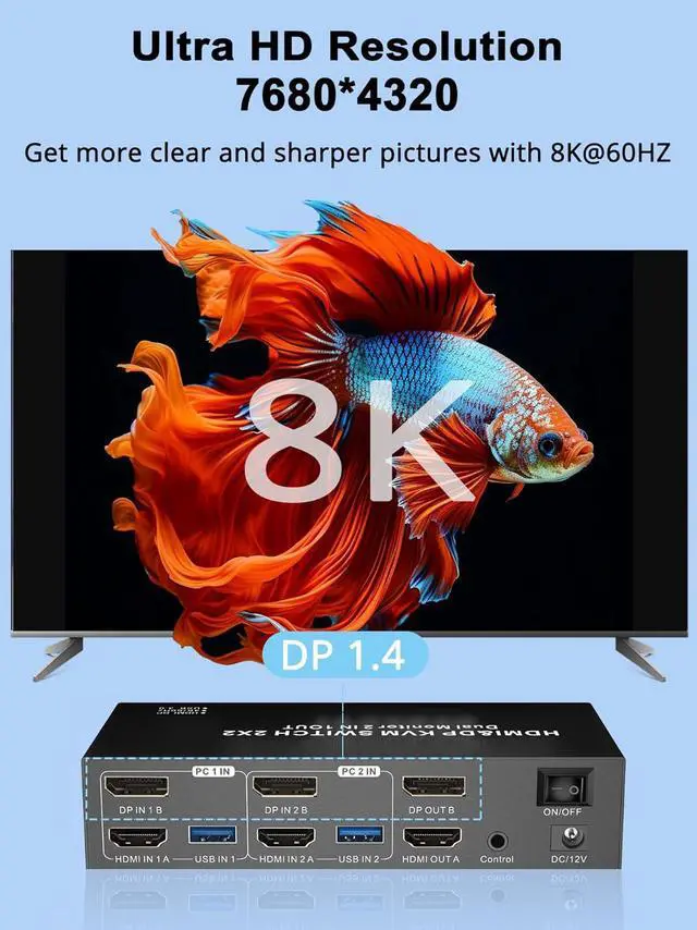 Alt view image 4 of 7 - AUTYUE Dual Monitor HDMI + Displayport KVM Switch, 2 Computers 4K@60Hz Dual Monitor KVM Switches for Dual PC or Laptops,4 USB 3.0 Ports Support Extended/Copy Mode with DC 12V Adapter&Wired Controller