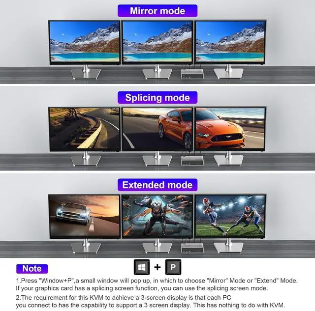 Alt view image 4 of 7 - AUTYUE  DP1.4 Triple Monitor KVM Switch 8K@60Hz, Extended and Copy Mode, 2 in 3 Out Displayport KVM Switch for 2 Computers Share 3 Monitors & 3 USB 3.0 Devices&Audio Microphone with Desktop Controller