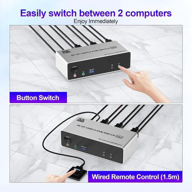 Alt view image 7 of 7 - AUTYUE  DP1.4 Triple Monitor KVM Switch 8K@60Hz, Extended and Copy Mode, 2 in 3 Out Displayport KVM Switch for 2 Computers Share 3 Monitors & 3 USB 3.0 Devices&Audio Microphone with Desktop Controller