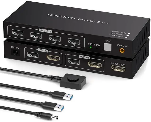 Main image of AUTYUE 4K@60Hz HDMI KVM Switch 1 Monitors 2 Computers, 2 Ports HDMI KVM Switches for 2 Computers Sharing Monitor Keyboard Mouse Hard Drives Printer with Two USB Cables and Wired Controller