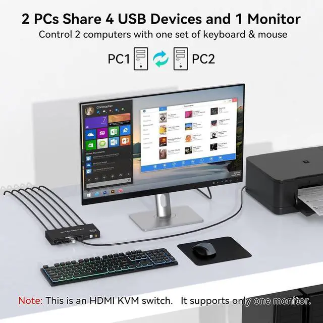 Alt view image 3 of 7 - AUTYUE 4K@60Hz HDMI KVM Switch 1 Monitors 2 Computers, 2 Ports HDMI KVM Switches for 2 Computers Sharing Monitor Keyboard Mouse Hard Drives Printer with Two USB Cables and Wired Controller