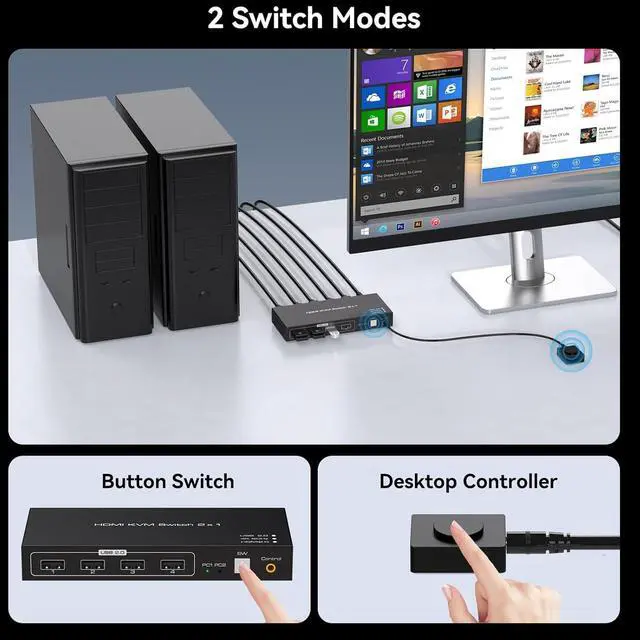 Alt view image 5 of 7 - AUTYUE 4K@60Hz HDMI KVM Switch 1 Monitors 2 Computers, 2 Ports HDMI KVM Switches for 2 Computers Sharing Monitor Keyboard Mouse Hard Drives Printer with Two USB Cables and Wired Controller