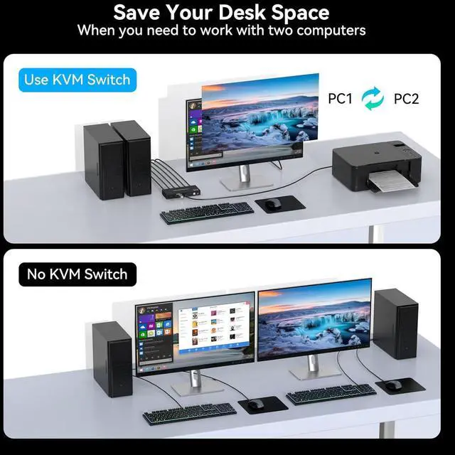 Alt view image 4 of 7 - AUTYUE 4K@60Hz HDMI KVM Switch 1 Monitors 2 Computers, 2 Ports HDMI KVM Switches for 2 Computers Sharing Monitor Keyboard Mouse Hard Drives Printer with Two USB Cables and Wired Controller