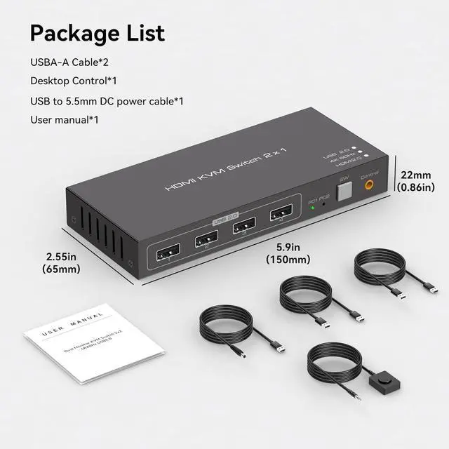 Alt view image 7 of 7 - AUTYUE 4K@60Hz HDMI KVM Switch 1 Monitors 2 Computers, 2 Ports HDMI KVM Switches for 2 Computers Sharing Monitor Keyboard Mouse Hard Drives Printer with Two USB Cables and Wired Controller