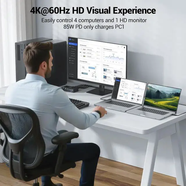 Alt view image 2 of 7 - AUTYUE 4K KVM Switch 1 Monitors 4 Computers USB-C HDMI DP, EDID Emulator USB 3.0 KVM Switch 4 Port 4K@60Hz for 4 Computer Share Keyboard Mouse and 1 HDMI Monitor, with Power Adapter and Wired Remote