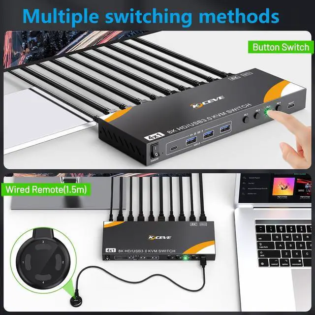Alt view image 4 of 7 - AUTYUE 4 Ports HDMI KVM Switch 4 Computers 1 Monitor, USB 3.0 HDMI KVM Switch 4 in 1 Out 4K@120Hz. Support 8K@60Hz Resolution, for 4 Computers Share Mouse Keyboard and Monitor With With 4 USB 3.0 Port