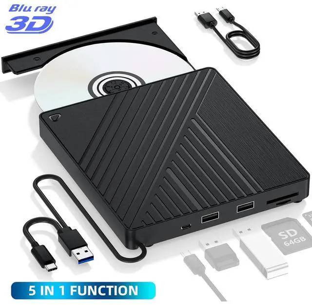 Main image of AUTYUE Ultra-Portable 5-in-1 External Blu-ray Drive, USB 3.0 & USB-C DVD/CD Burner, BD Reader with Dual USB-A Ports & SD/TF Card Readers  Seamless Laptop/PC Compatibility for Windows, Mac, Linux