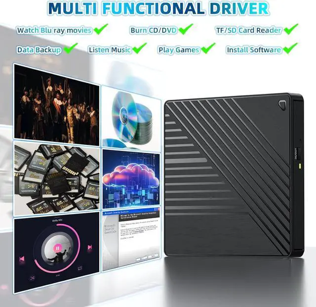 Alt view image 4 of 7 - AUTYUE Ultra-Portable 5-in-1 External Blu-ray Drive, USB 3.0 & USB-C DVD/CD Burner, BD Reader with Dual USB-A Ports & SD/TF Card Readers  Seamless Laptop/PC Compatibility for Windows, Mac, Linux