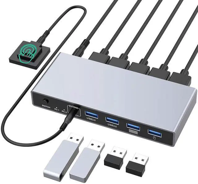 Main image of AUTYUE Displayport KVM Switch 2 Computers 1 Monitor, 8K@60Hz 4K@144Hz USB 3.0 DP KVM Switches for 2 Computers Share one Monitor with 4 USB Ports, Includes Desktop Controller and 5V Power Adapter