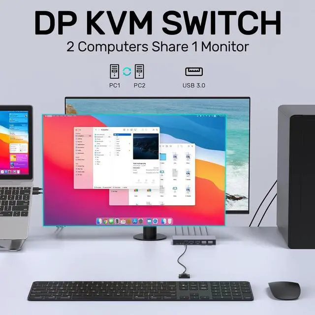 Alt view image 2 of 7 - AUTYUE Displayport KVM Switch 2 Computers 1 Monitor, 8K@60Hz 4K@144Hz USB 3.0 DP KVM Switches for 2 Computers Share one Monitor with 4 USB Ports, Includes Desktop Controller and 5V Power Adapter