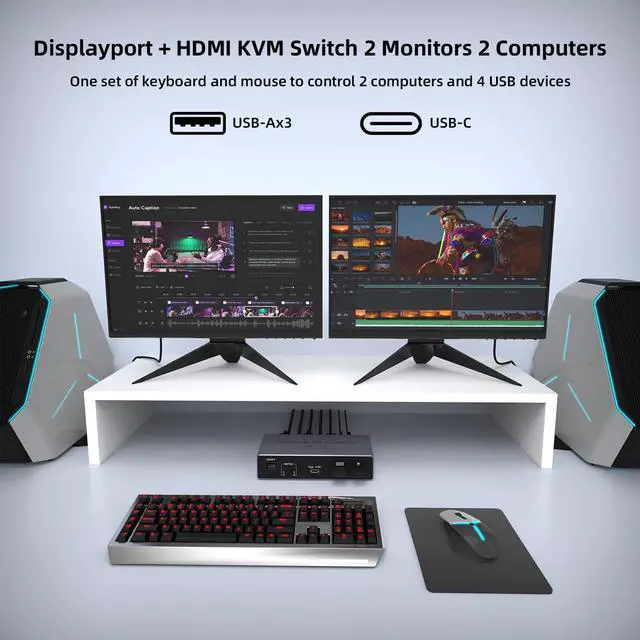 Alt view image 2 of 7 - AUTYUE HDMI+DisplayPort Dual Monitor KVM Switch for 2 Computers 2 Monitors, Aluminum 8K@60Hz KVM Switch for 2 PC Share 2 Monitors and 4 USB 3.0 Ports, Support Extended/Copy Mode, with Wired Controller