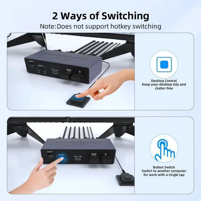 Alt view image 7 of 7 - AUTYUE HDMI+DisplayPort Dual Monitor KVM Switch for 2 Computers 2 Monitors, Aluminum 8K@60Hz KVM Switch for 2 PC Share 2 Monitors and 4 USB 3.0 Ports, Support Extended/Copy Mode, with Wired Controller