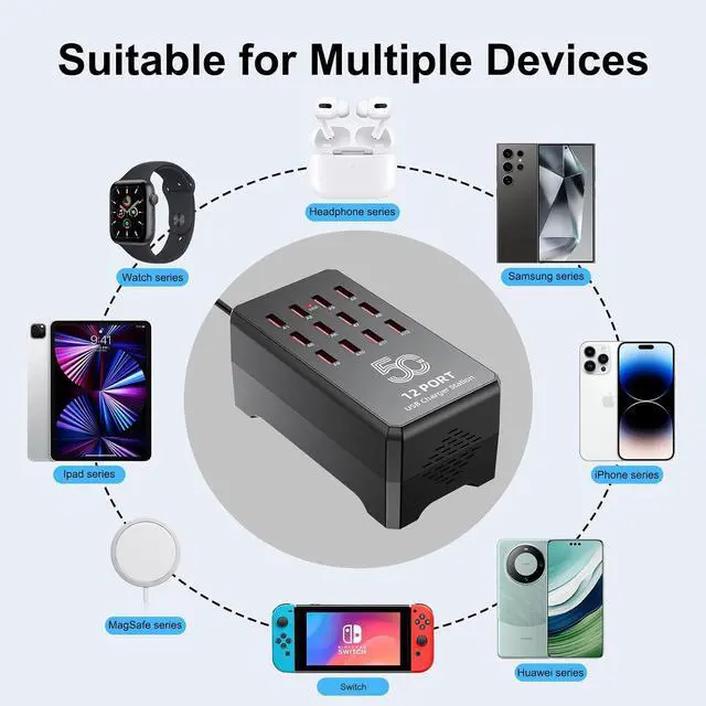 Alt view image 3 of 7 - AUTYUE USB Charging Station for Multiple Devices, 12-Port USB Charger Block 50W, Portable USB Charging Hub Compatible with Cell Phones,Tablet, AirPods and More Devices (US Plug)