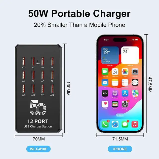 Alt view image 5 of 7 - AUTYUE USB Charging Station for Multiple Devices, 12-Port USB Charger Block 50W, Portable USB Charging Hub Compatible with Cell Phones,Tablet, AirPods and More Devices (US Plug)