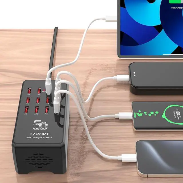 Alt view image 2 of 7 - AUTYUE USB Charging Station for Multiple Devices, 12-Port USB Charger Block 50W, Portable USB Charging Hub Compatible with Cell Phones,Tablet, AirPods and More Devices (US Plug)