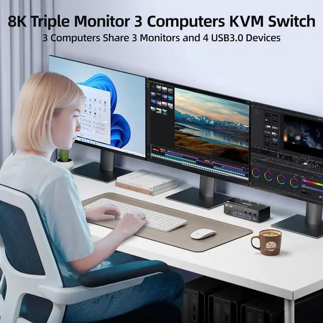 Alt view image 2 of 7 - AUTYUE HDMI + 2 Displayport KVM Switch 3 Monitors 3 Computers 8K@60Hz 4K@144Hz,Triple Monitor USB KVM Switches with 4 USB 3.0 Port for USB Devices, Wired Remote, Power Adapter and USB Cables Included