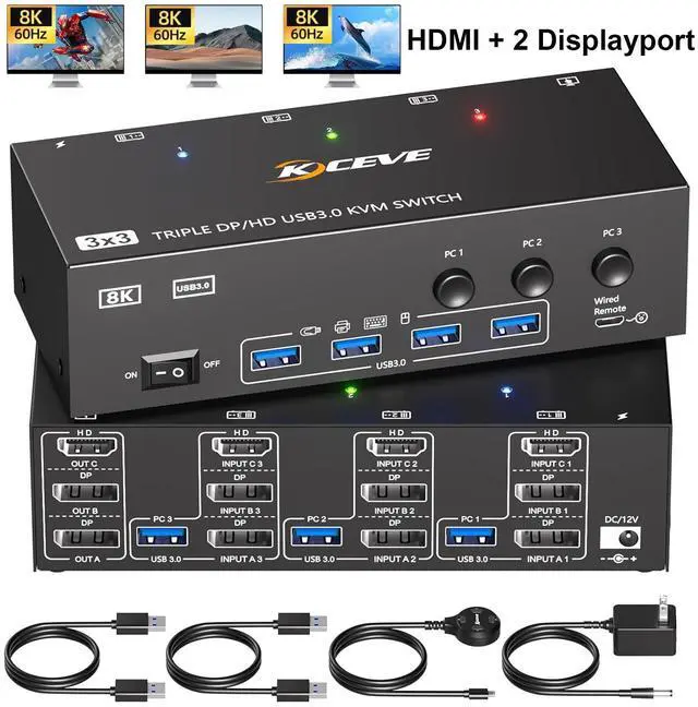 Main image of AUTYUE HDMI + 2 Displayport KVM Switch 3 Monitors 3 Computers 8K@60Hz 4K@144Hz,Triple Monitor USB KVM Switches with 4 USB 3.0 Port for USB Devices, Wired Remote, Power Adapter and USB Cables Included