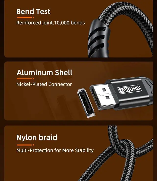 Alt view image 4 of 7 - AUTYUE 16K Displayport Cable, DP 2.1 80Gbps Cable 3.3FT/1M Support 16K@60Hz,10K@60Hz, 8K@120Hz HBR3 4K@240Hz 165Hz 144Hz 60Hz, HDCP DSC 1.2a, HDR10 FreeSync G-Sync for Gaming Monitor Graphics Card
