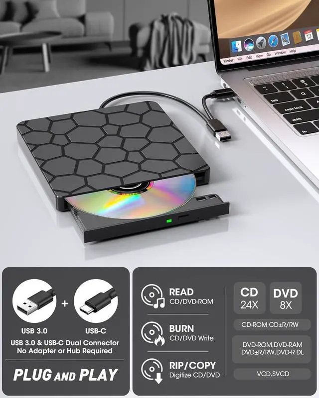 Alt view image 2 of 7 - AUTYUE External CD DVD Drive, USB 3.0 Type-C External CD/DVD Optical Drive, Portable CD/DVD Player Burner Reader Writer Recorder for Laptop Windows 11/10/8/7 Linux MacOS Macbook PC (Black)
