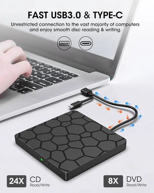 Alt view image 3 of 7 - AUTYUE External CD DVD Drive, USB 3.0 Type-C External CD/DVD Optical Drive, Portable CD/DVD Player Burner Reader Writer Recorder for Laptop Windows 11/10/8/7 Linux MacOS Macbook PC (Black)