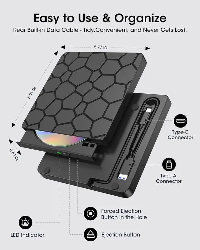 Alt view image 6 of 7 - AUTYUE External CD DVD Drive, USB 3.0 Type-C External CD/DVD Optical Drive, Portable CD/DVD Player Burner Reader Writer Recorder for Laptop Windows 11/10/8/7 Linux MacOS Macbook PC (Black)