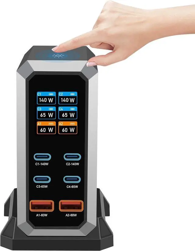 Alt view image 6 of 7 - AUTYUE USB C Charger Block, 240W GaN USB C 6-Port Charger Station, Laptop Power PD Adapter with Touch Control and Color Display, Charging Station for Smartphones, Laptops, iPad, Desktop, and More