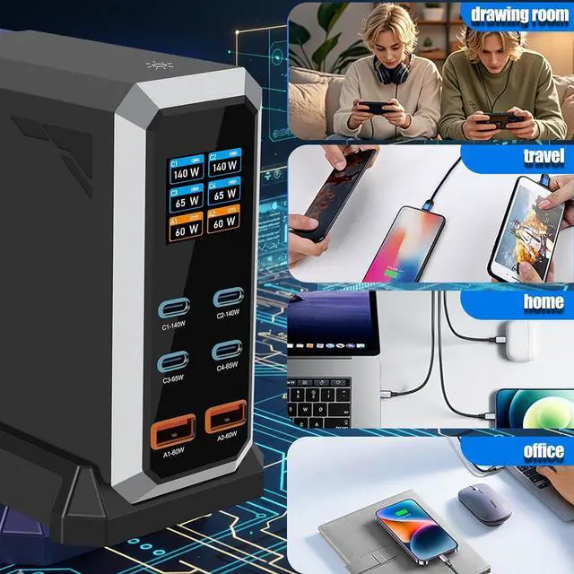 Alt view image 5 of 7 - AUTYUE USB C Charger Block, 240W GaN USB C 6-Port Charger Station, Laptop Power PD Adapter with Touch Control and Color Display, Charging Station for Smartphones, Laptops, iPad, Desktop, and More