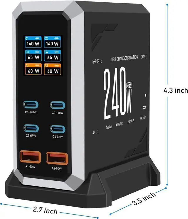 Alt view image 7 of 7 - AUTYUE USB C Charger Block, 240W GaN USB C 6-Port Charger Station, Laptop Power PD Adapter with Touch Control and Color Display, Charging Station for Smartphones, Laptops, iPad, Desktop, and More