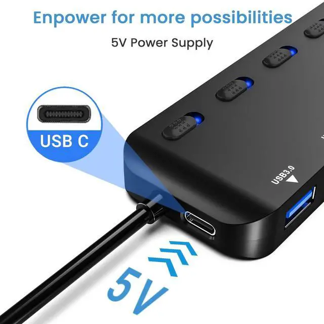 Alt view image 2 of 7 - AUTYUE USB 3.0 hub, 7 ports USB Hub, Multi USB 3.0, SuperSpeed 5 Gbit/s, USB adapter with 7 switches and individual indicators, compatible with Windows, Mac OS, Linux and other operating systems